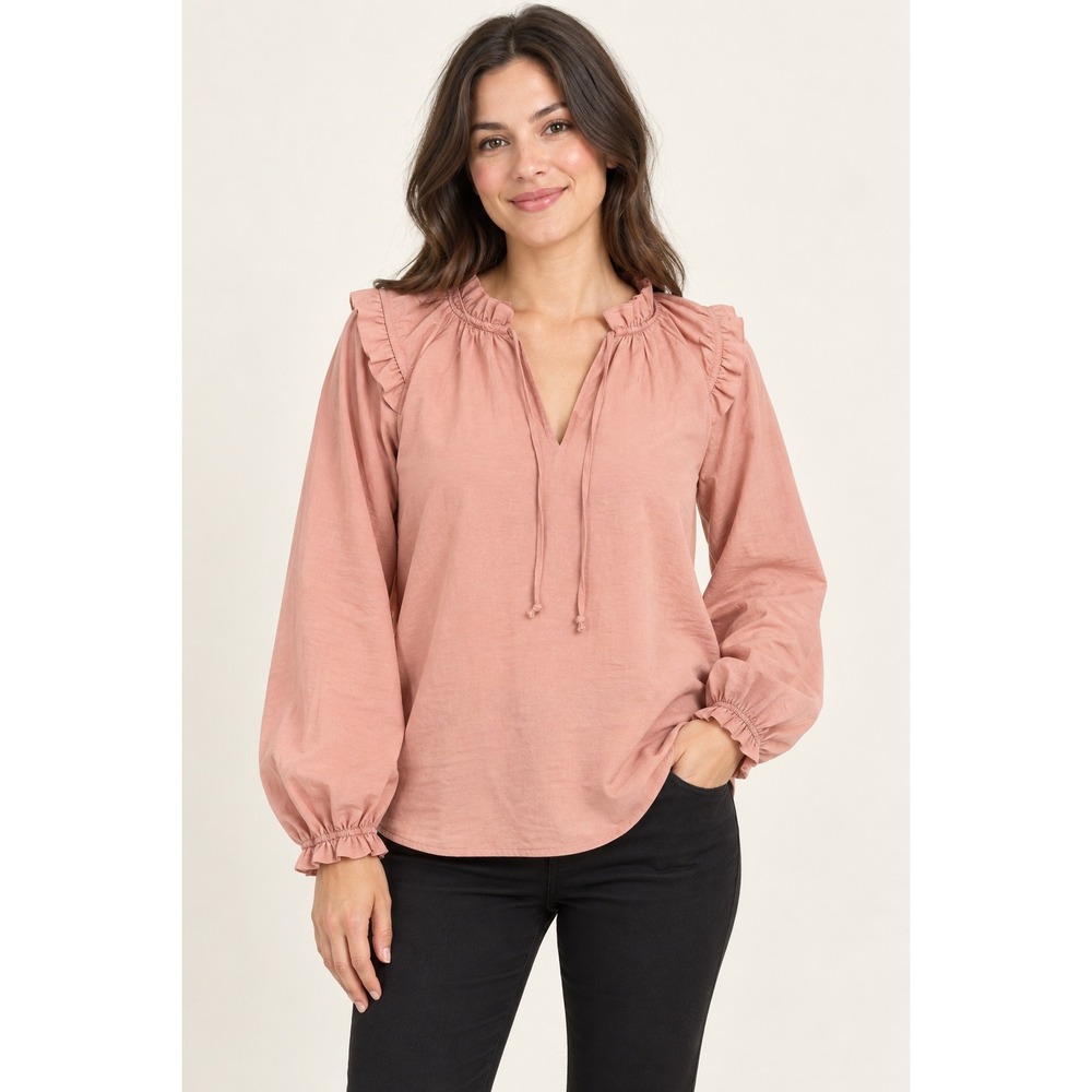 Knox Rose Womens Rose Pink Ruffle Neck Tie Long Sleeve Blouse Small victorian